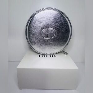 NEW Dior Metallic Silver Circular Zip Pouch Cosmetic Bag